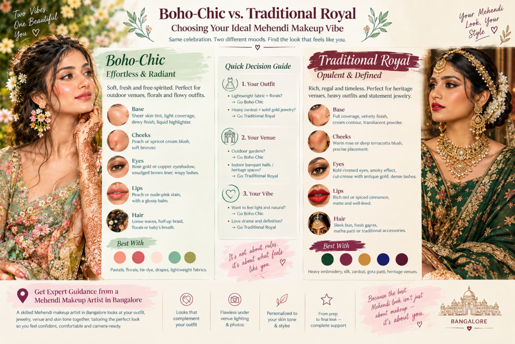 Boho-Chic vs. Traditional Royal Choosing Your Ideal Mehendi Makeup Vibe