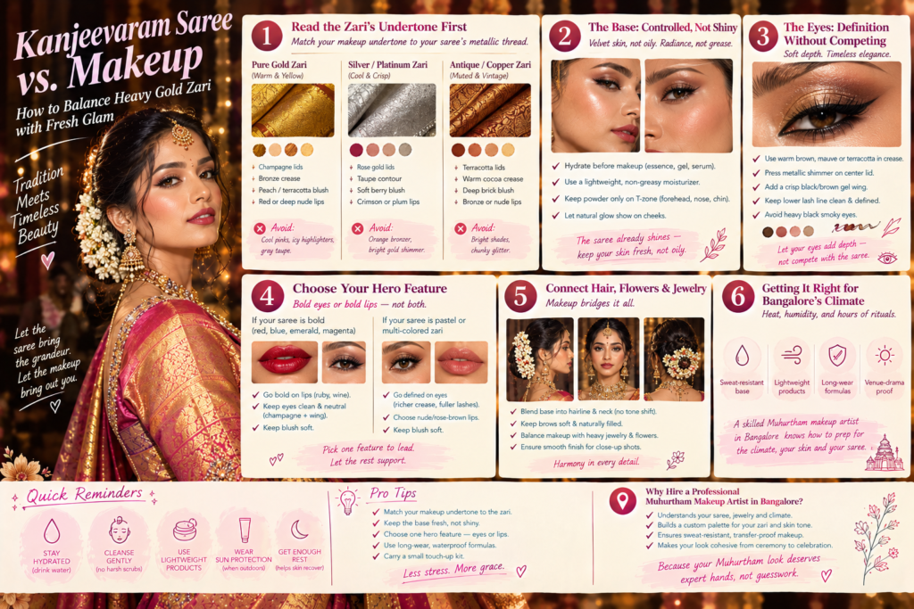 Kanjeevaram Saree vs. Makeup How to Balance Heavy Gold Zari with Fresh Glam